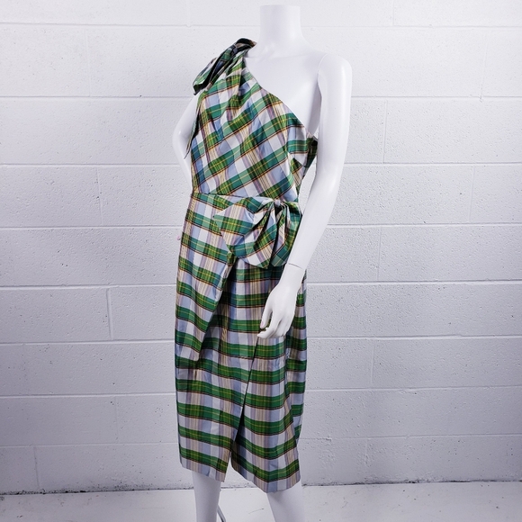J Crew One Shoulder Sheath Dress Bow Faux Wrap Green Plaid Silk Blend Size 14 - Picture 1 of 11